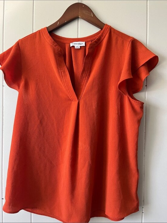 Tops - Bright Orange V-Neck Flutter Sleeve Blouse